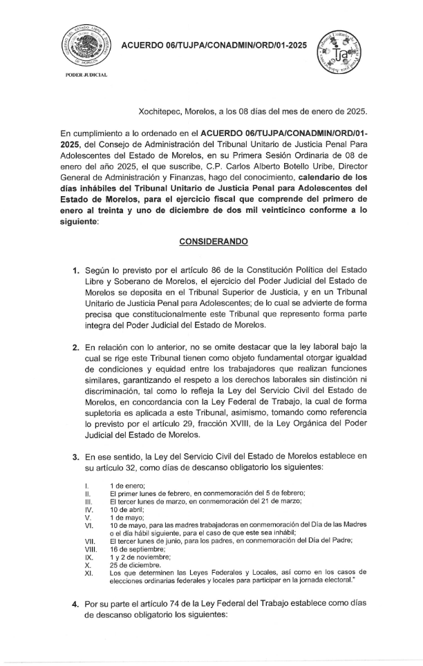 Acuerdo dias inhabiles 2026